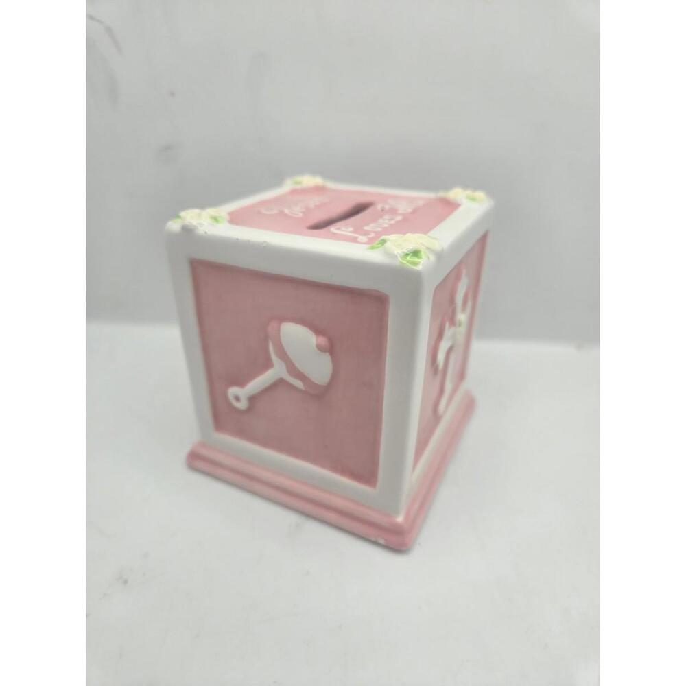 Jesus Loves Me Small Pink Rattle Cross Block Bank With Some Chips